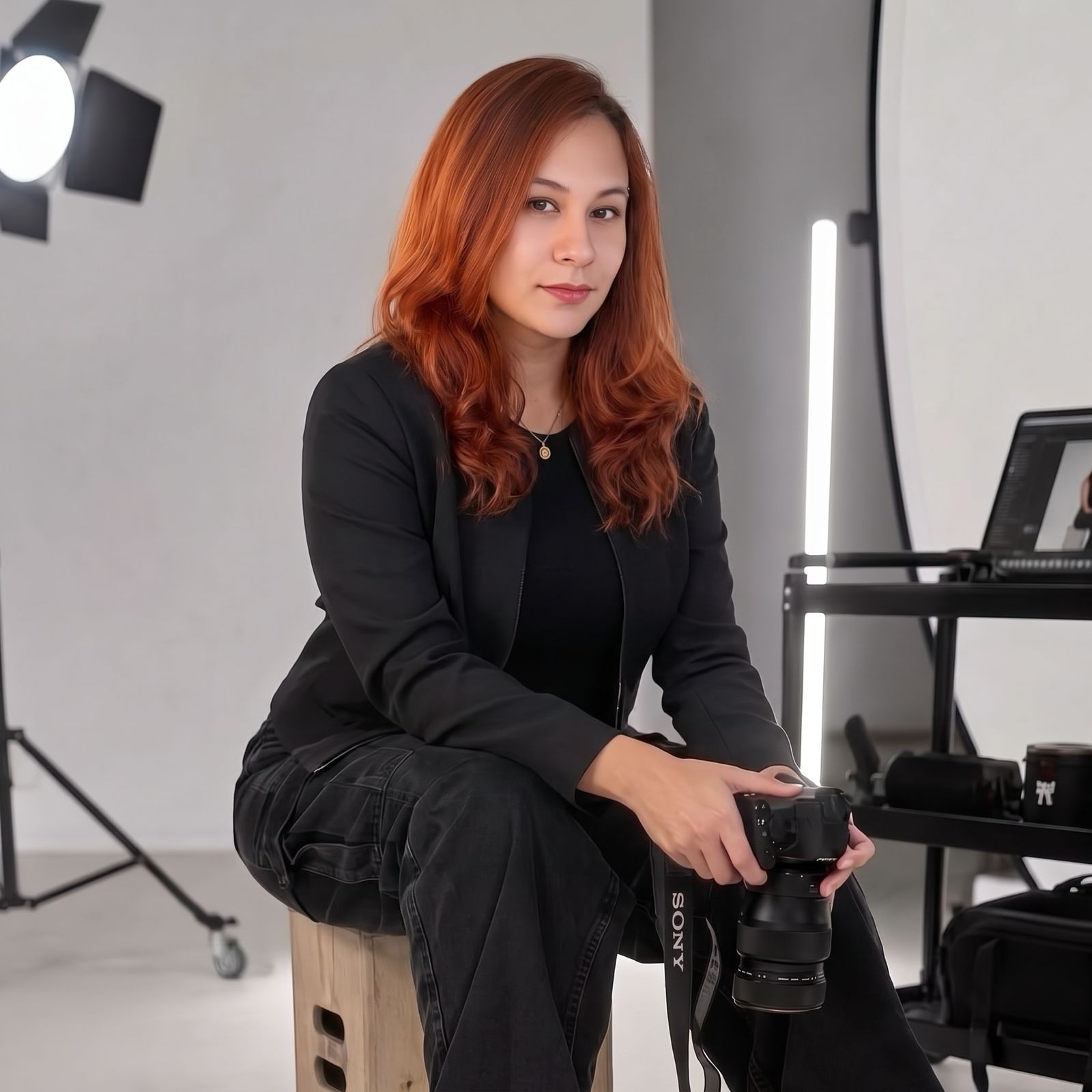 Retrato de Geovana Alvarez con una cámara Sony