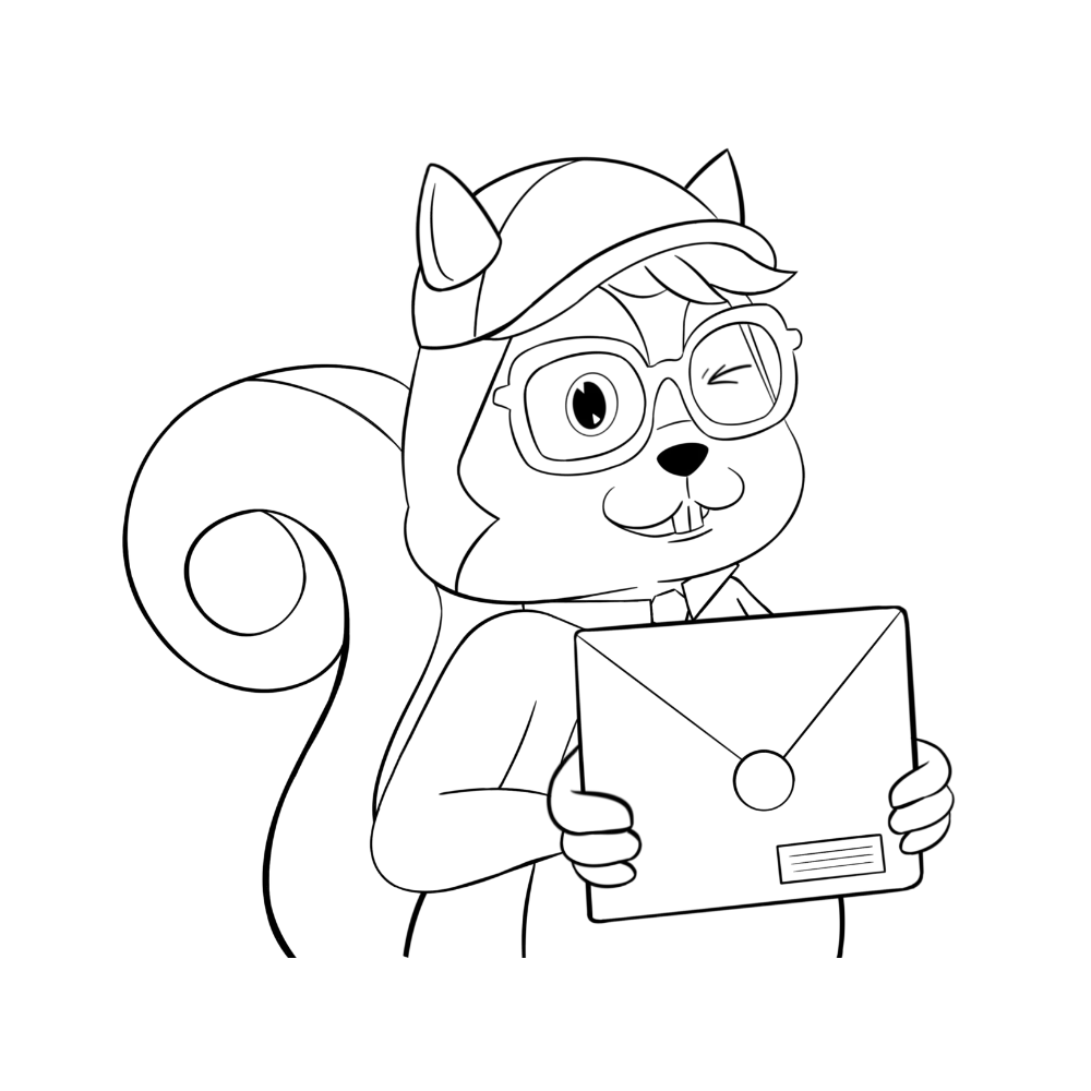 Lineart de la mascota Capedu sosteniendo un sobre